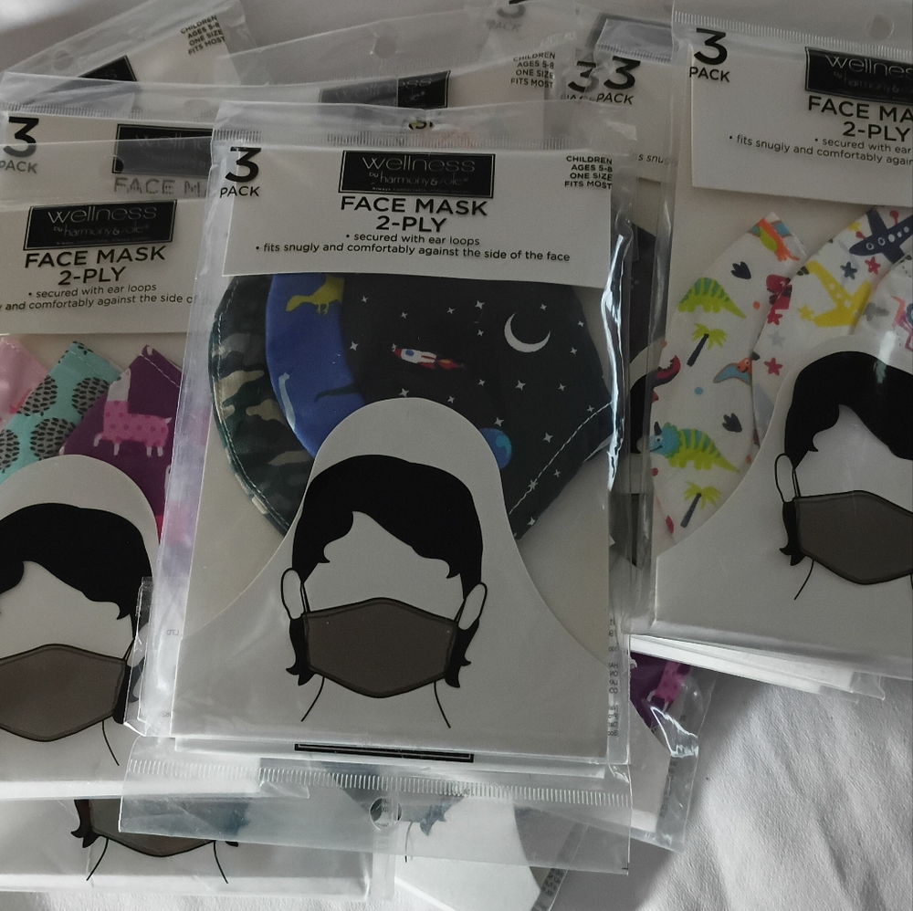 35 assorted packs of 3 Kids Face Masks - Blue, Pink, White, Black